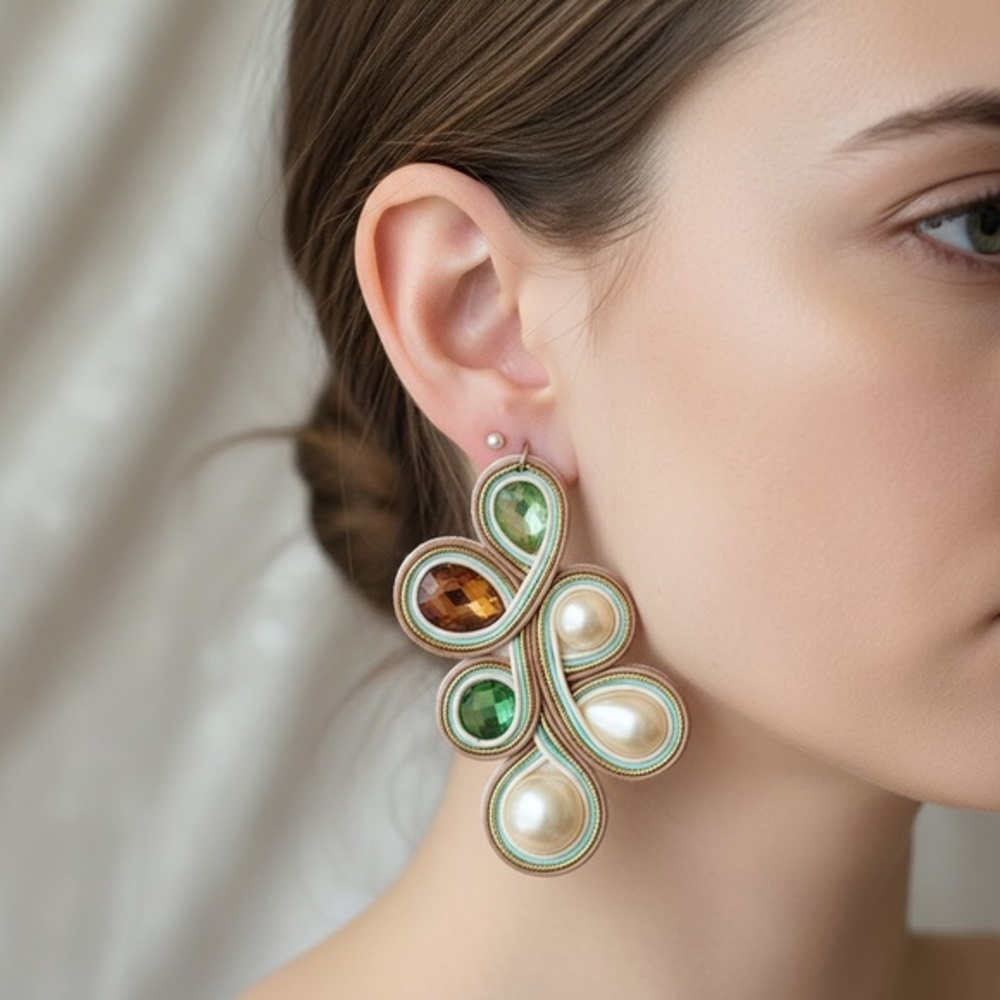 Handmade Soutache Statement Earrings Pearl Crystal Drop